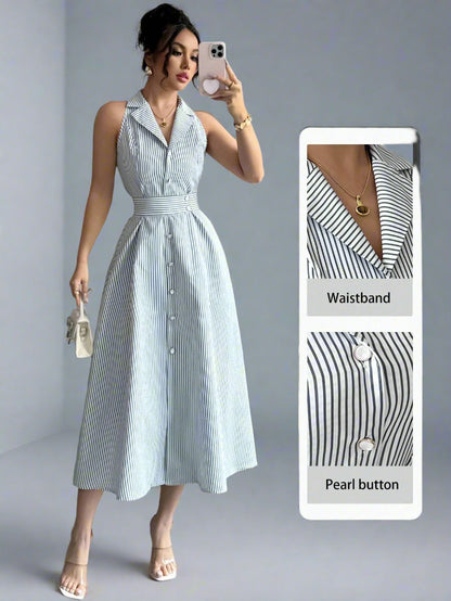 Striped Halter Collar Midi Dress