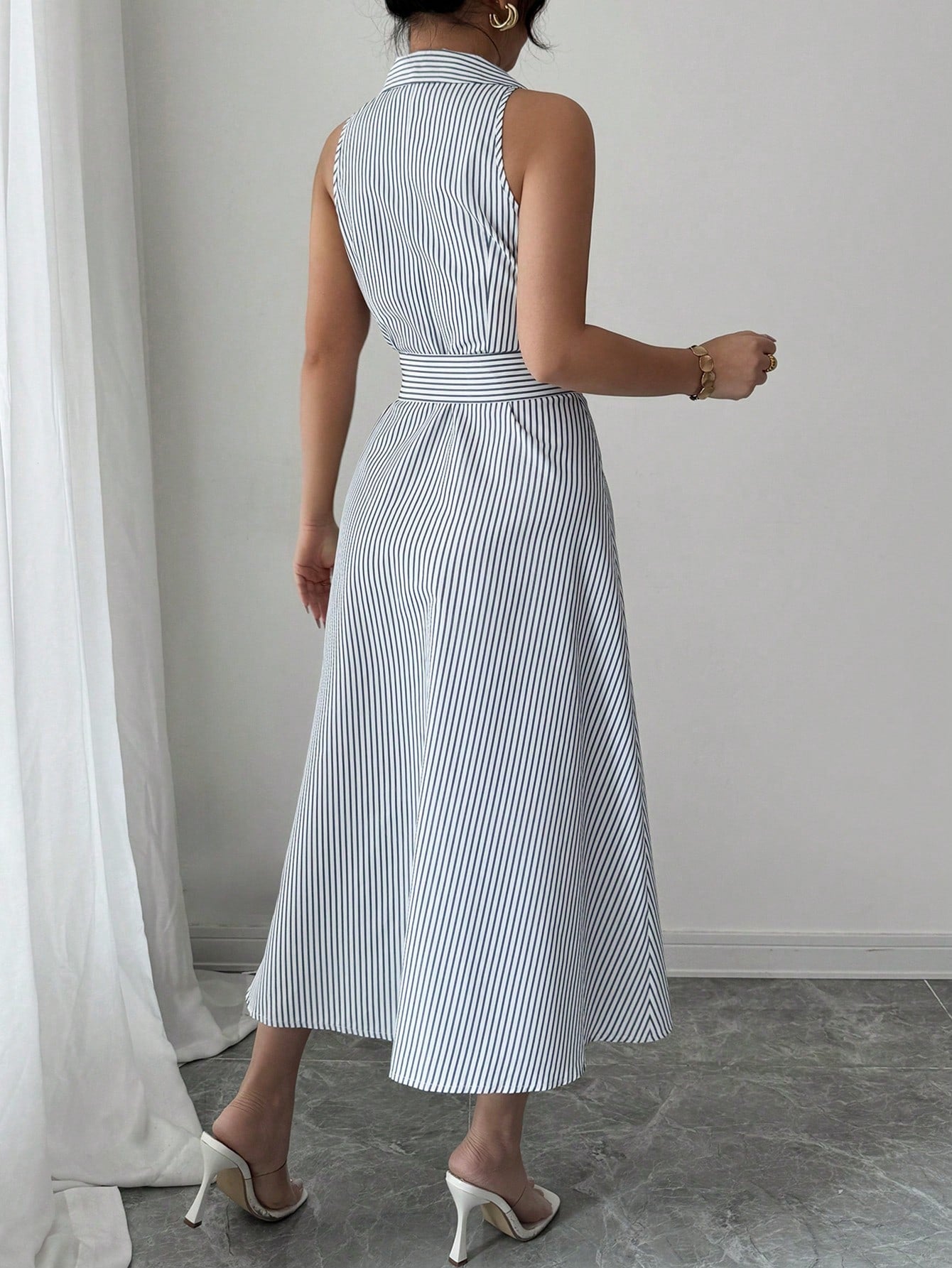 Striped Halter Collar Midi Dress