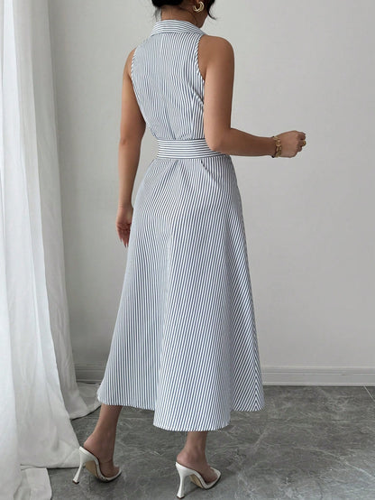 Striped Halter Collar Midi Dress
