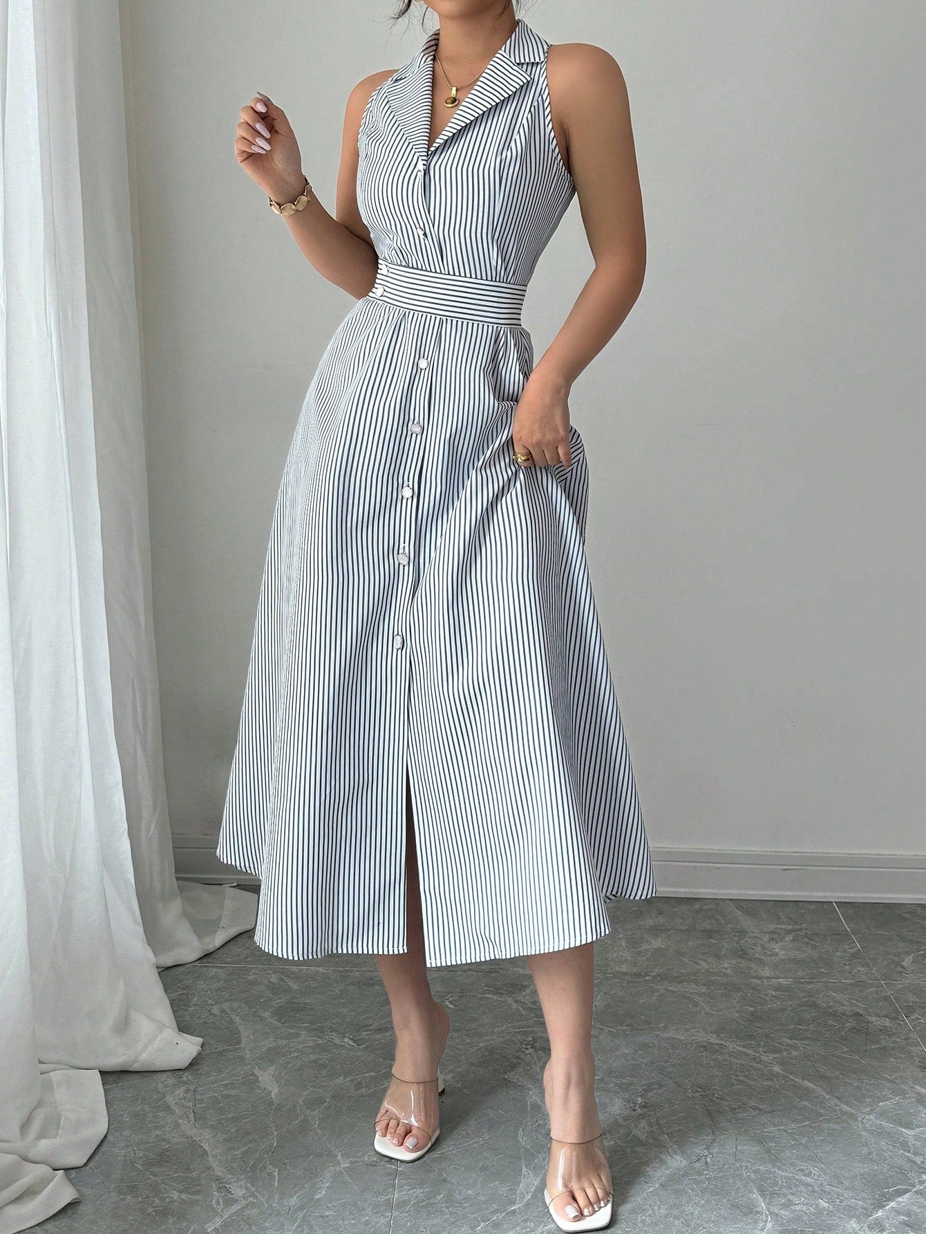 Striped Halter Collar Midi Dress