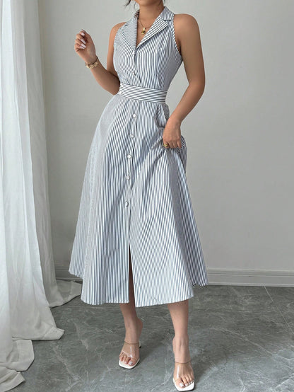 Striped Halter Collar Midi Dress