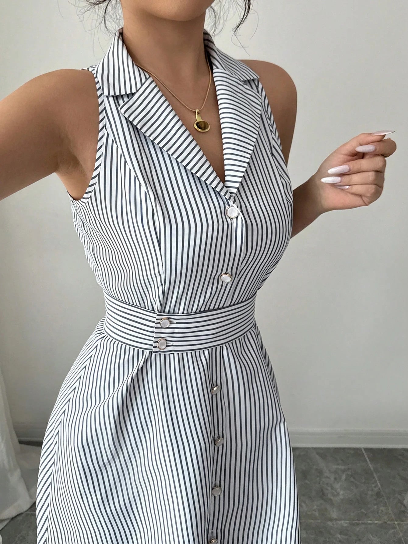 Striped Halter Collar Midi Dress