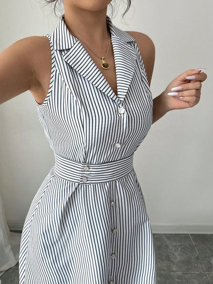 Striped Halter Collar Midi Dress
