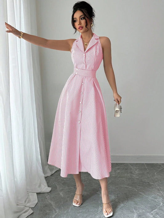 Striped Halter Collar Midi Dress
