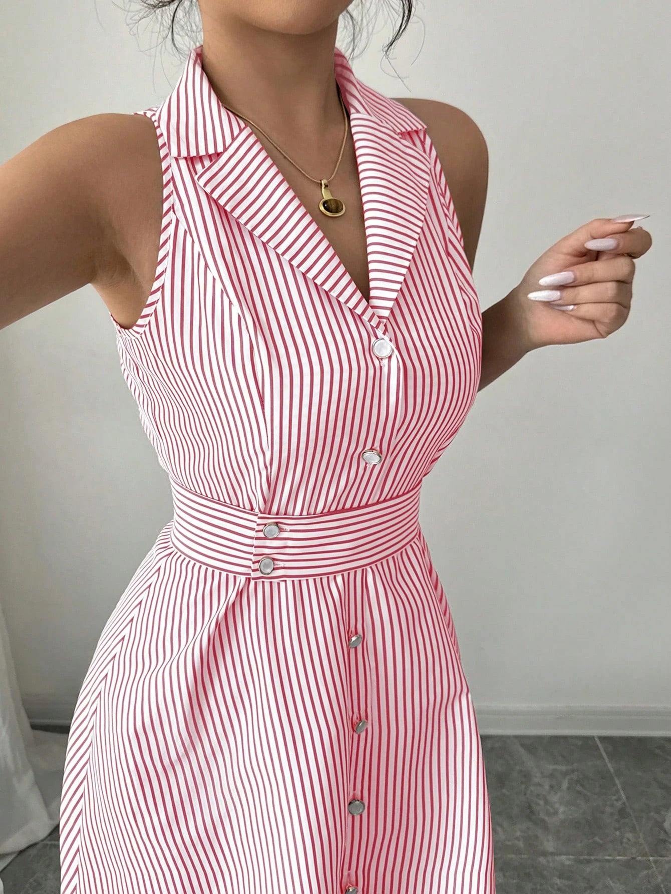 Striped Halter Collar Midi Dress