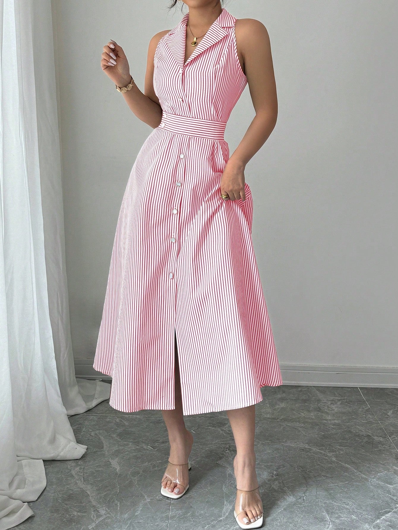 Striped Halter Collar Midi Dress