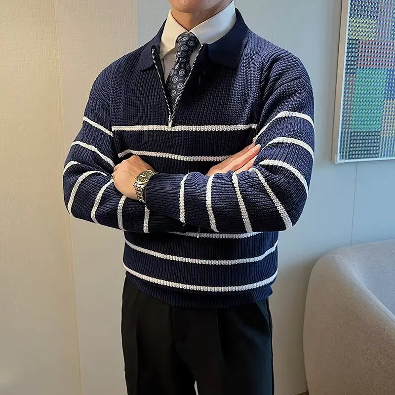 Striped Knit Quarter-Zip Sweater