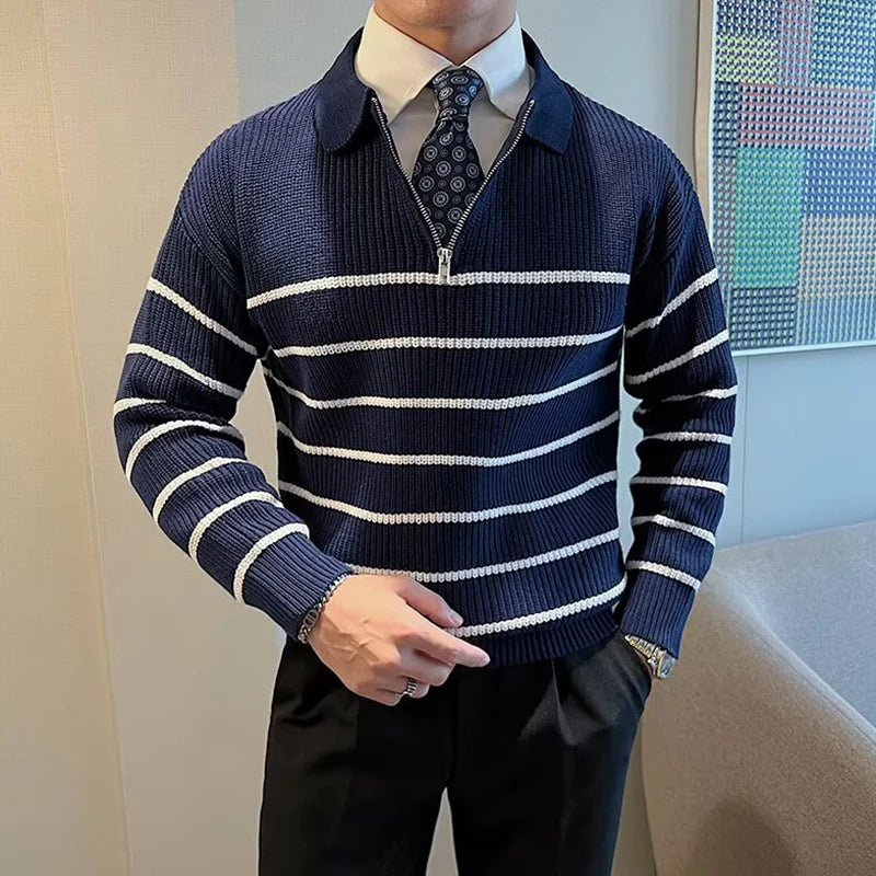 Striped Knit Quarter-Zip Sweater