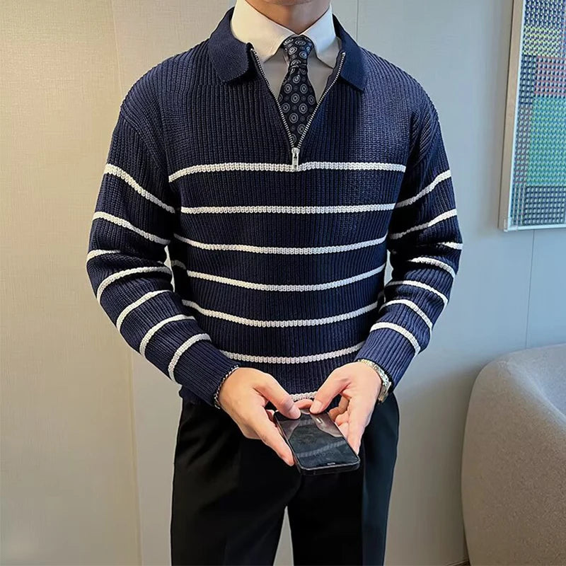 Striped Knit Quarter-Zip Sweater