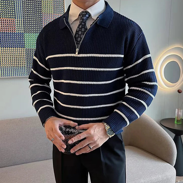 Striped Knit Quarter-Zip Sweater