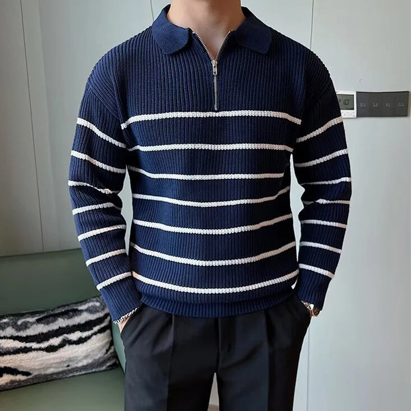 Striped Knit Quarter-Zip Sweater