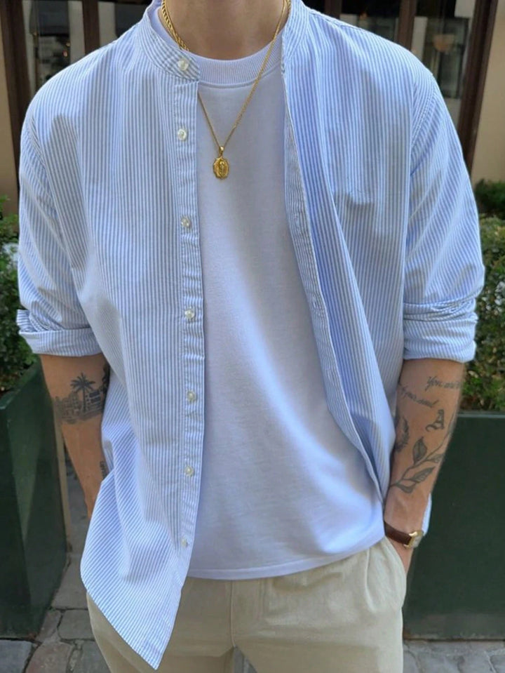 Striped Mandarin Collar Shirt Casual Summer Look