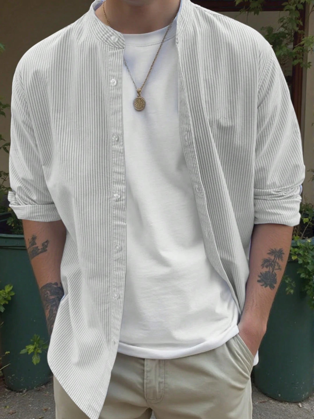 Striped Mandarin Collar Shirt Casual Summer Look