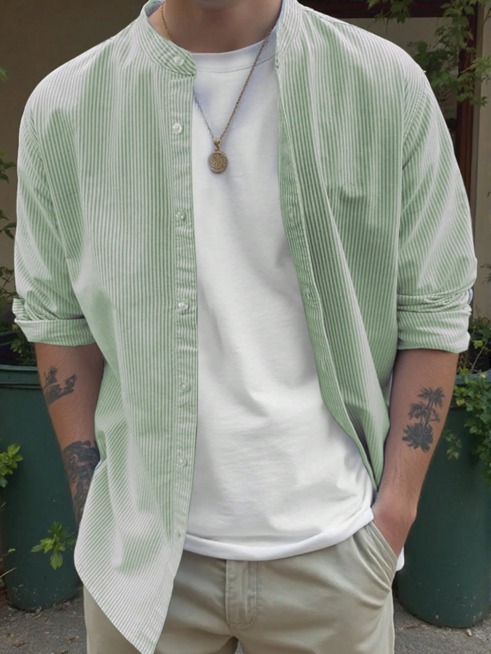 Striped Mandarin Collar Shirt Casual Summer Look