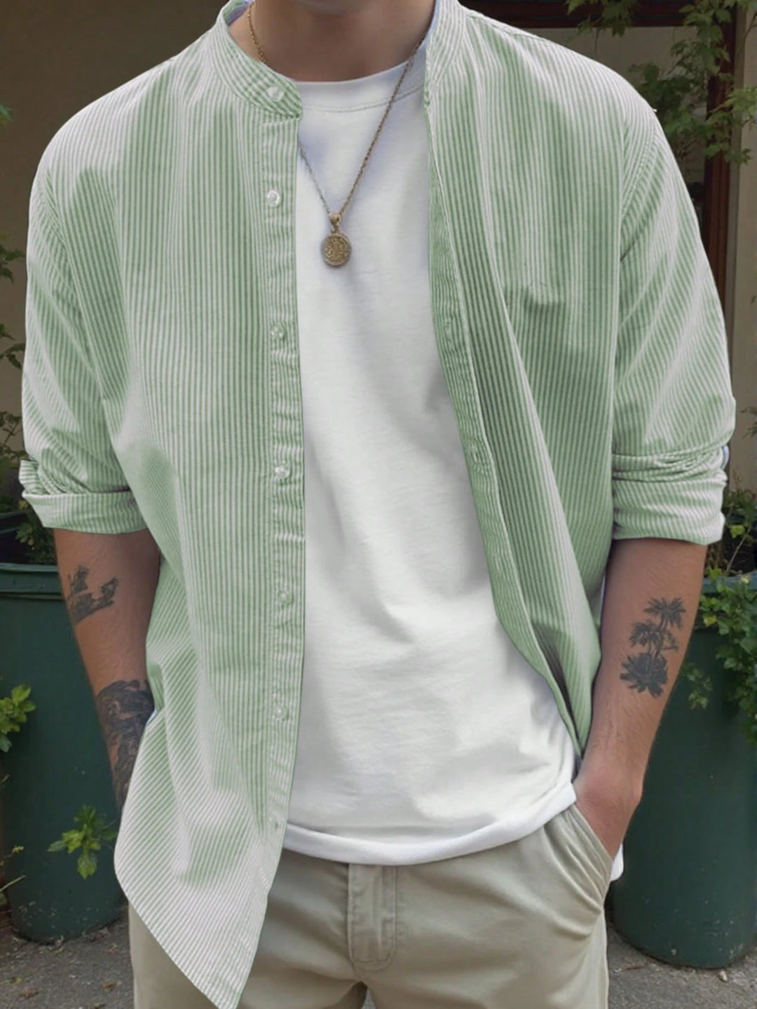 Striped Mandarin Collar Shirt Casual Summer Look