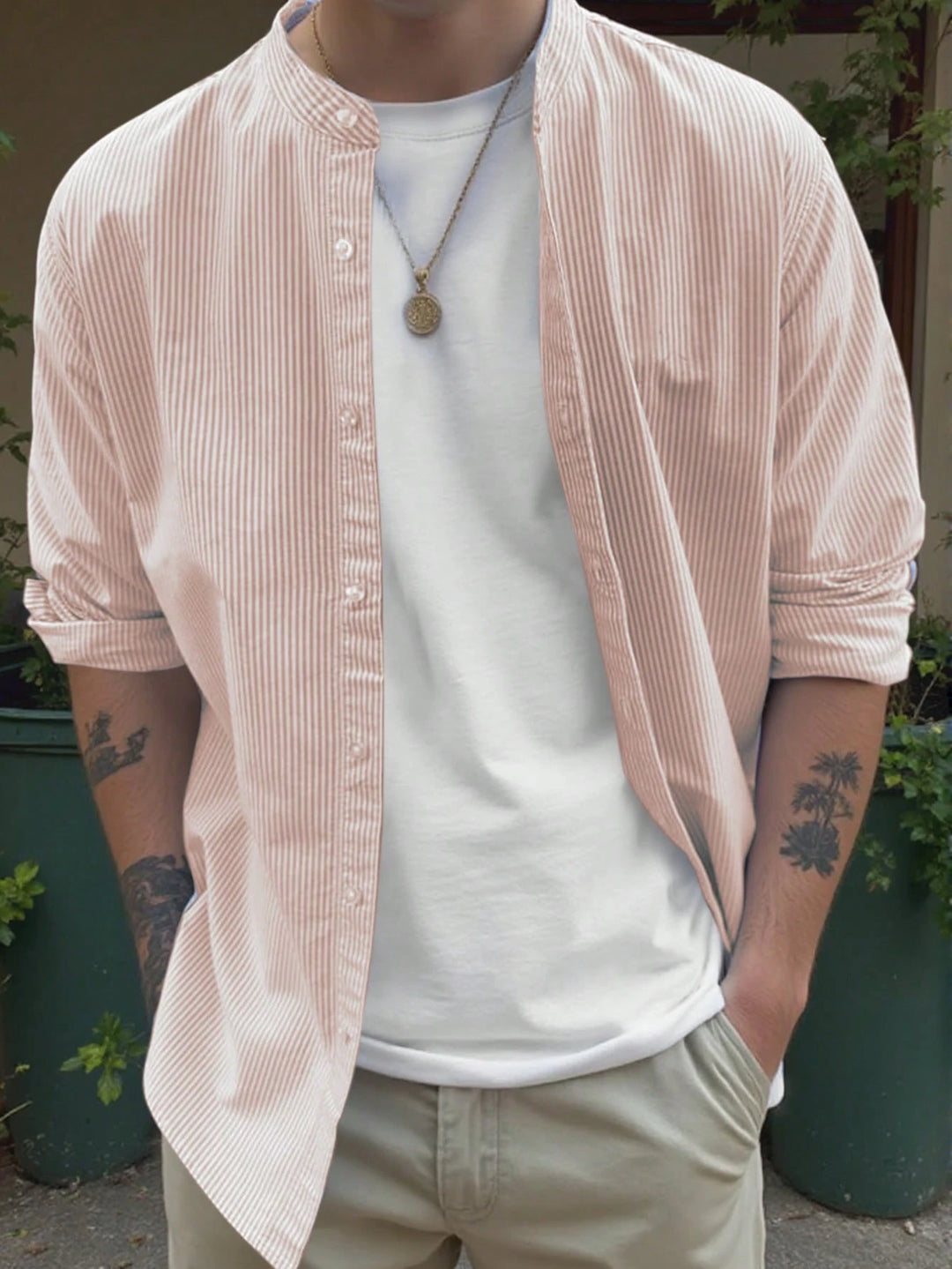 Striped Mandarin Collar Shirt Casual Summer Look