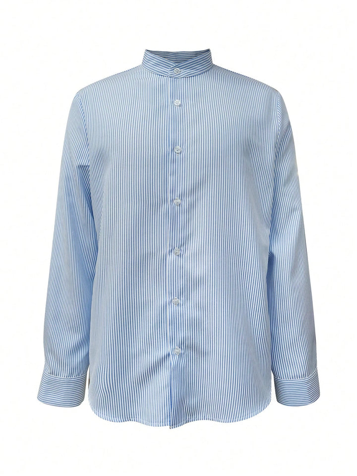 Striped Mandarin Collar Shirt Casual Summer Look