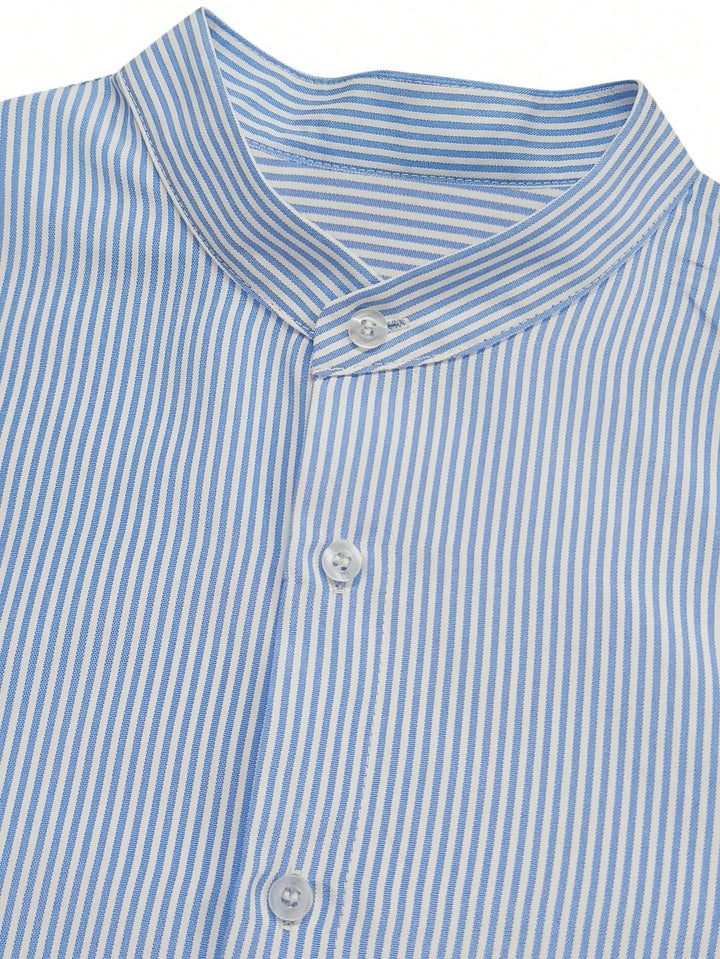 Striped Mandarin Collar Shirt Casual Summer Look