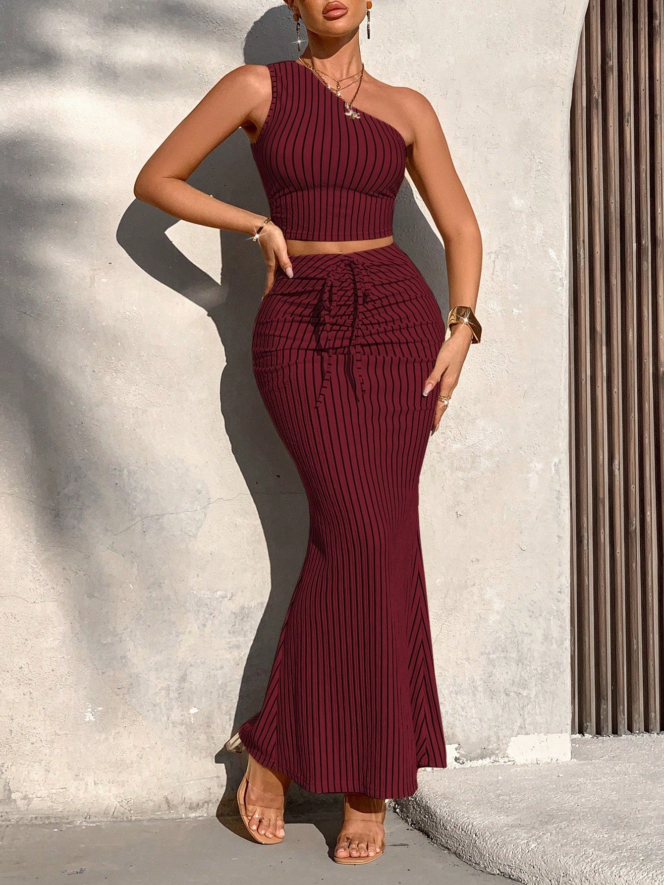 Striped One Shoulder Knit Skirt Set