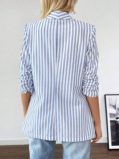 Striped Ruched Sleeve Shawl Blazer
