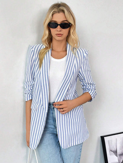 Striped Ruched Sleeve Shawl Blazer