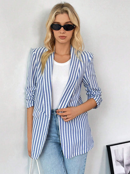 Striped Ruched Sleeve Shawl Blazer