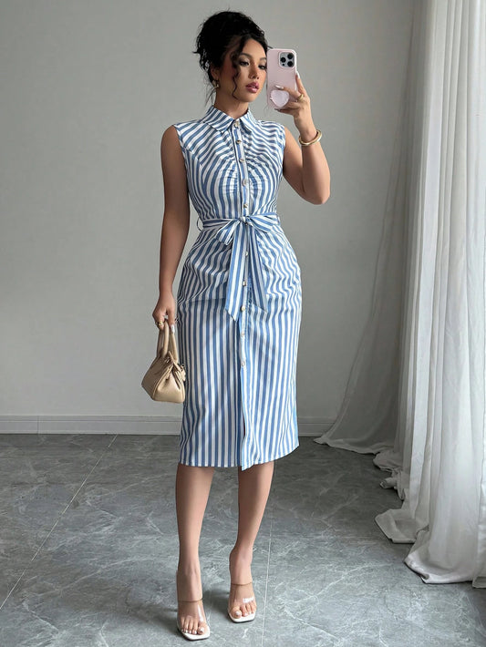 Striped Sleeveless Belted Shirt Dress