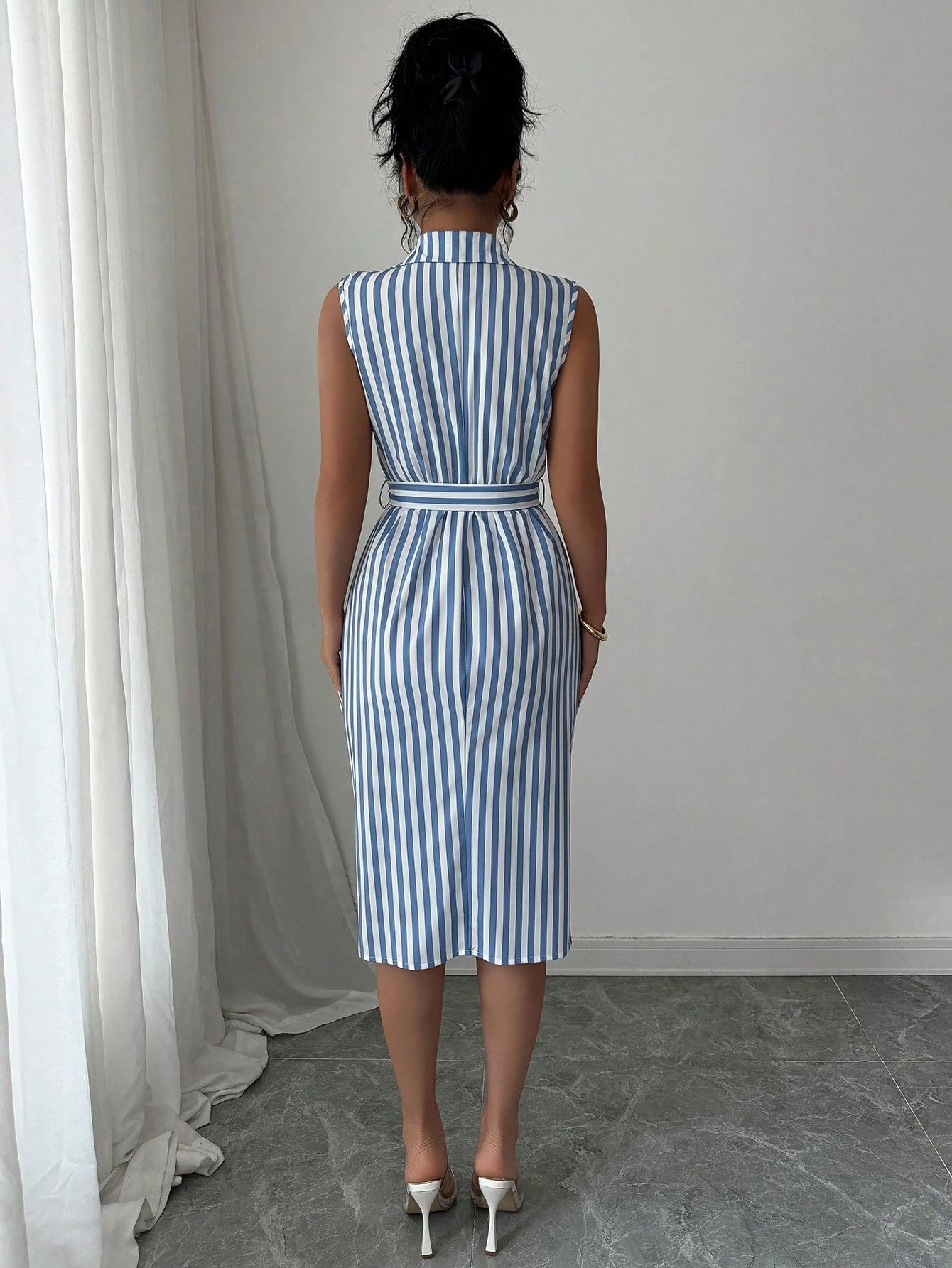 Striped Sleeveless Belted Shirt Dress