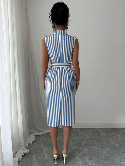 Striped Sleeveless Belted Shirt Dress