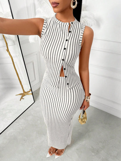  Striped Sleeveless Waistcoat Skirt Set