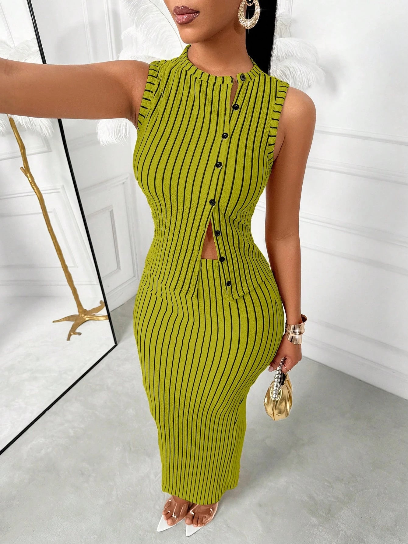  Striped Sleeveless Waistcoat Skirt Set