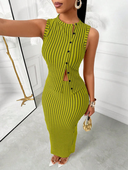  Striped Sleeveless Waistcoat Skirt Set