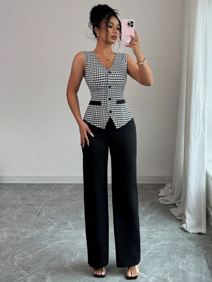  Tailored Houndstooth Contrast Trim Waistcoat