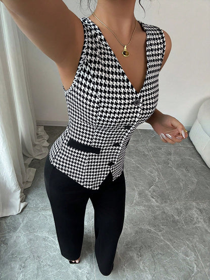  Tailored Houndstooth Contrast Trim Waistcoat