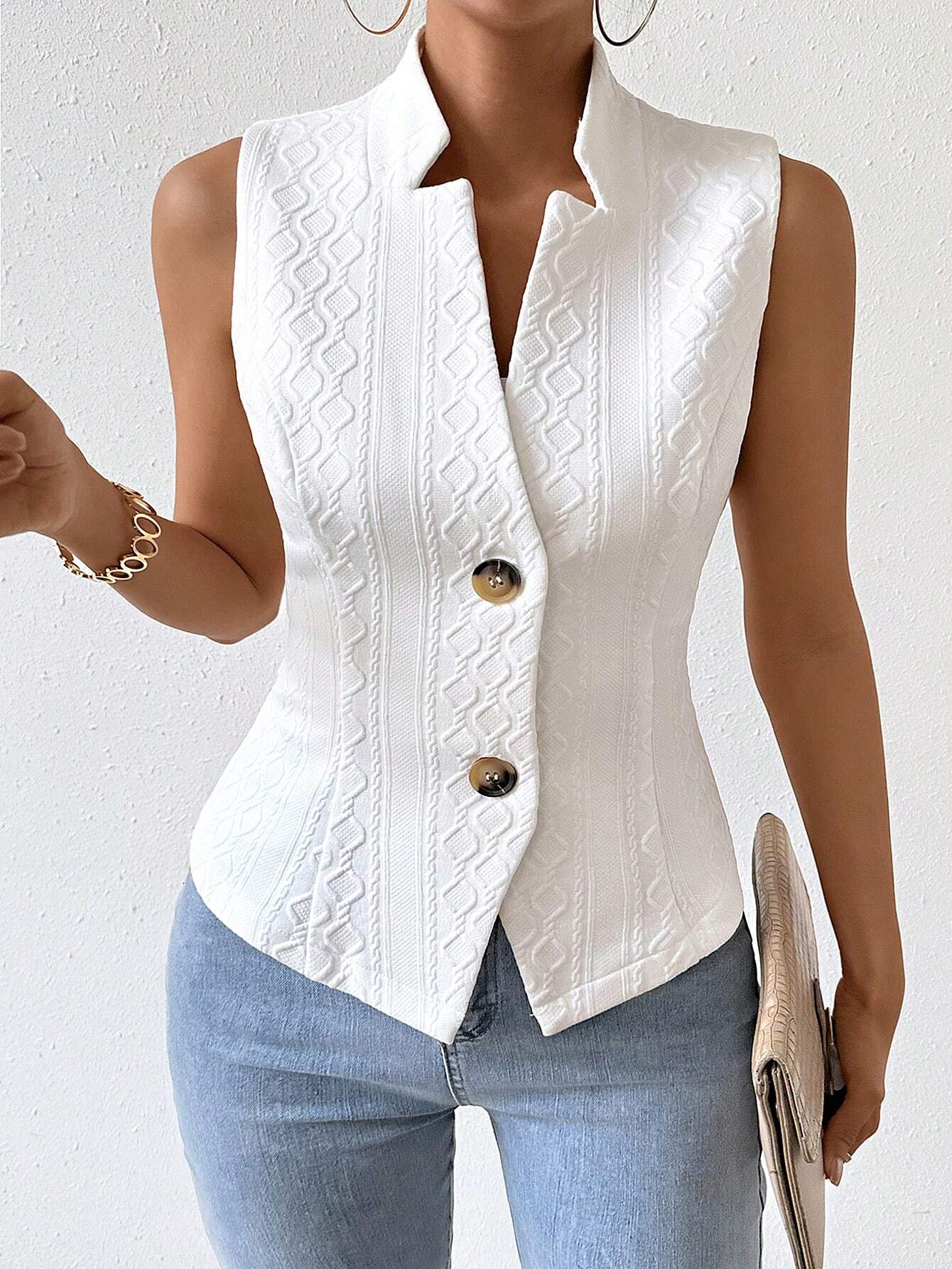 Textured Stand Collar Waistcoat Top