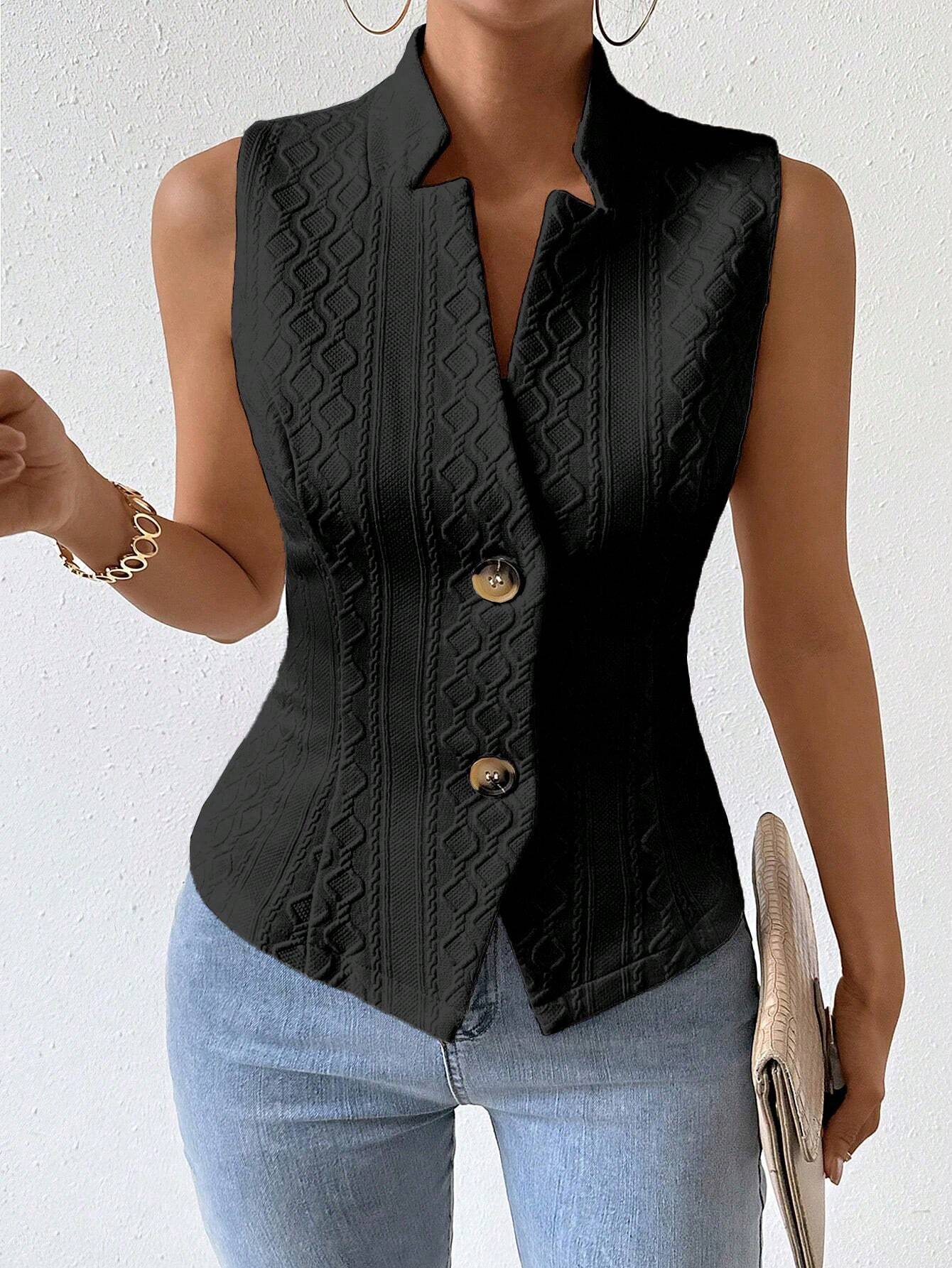 Textured Stand Collar Waistcoat Top