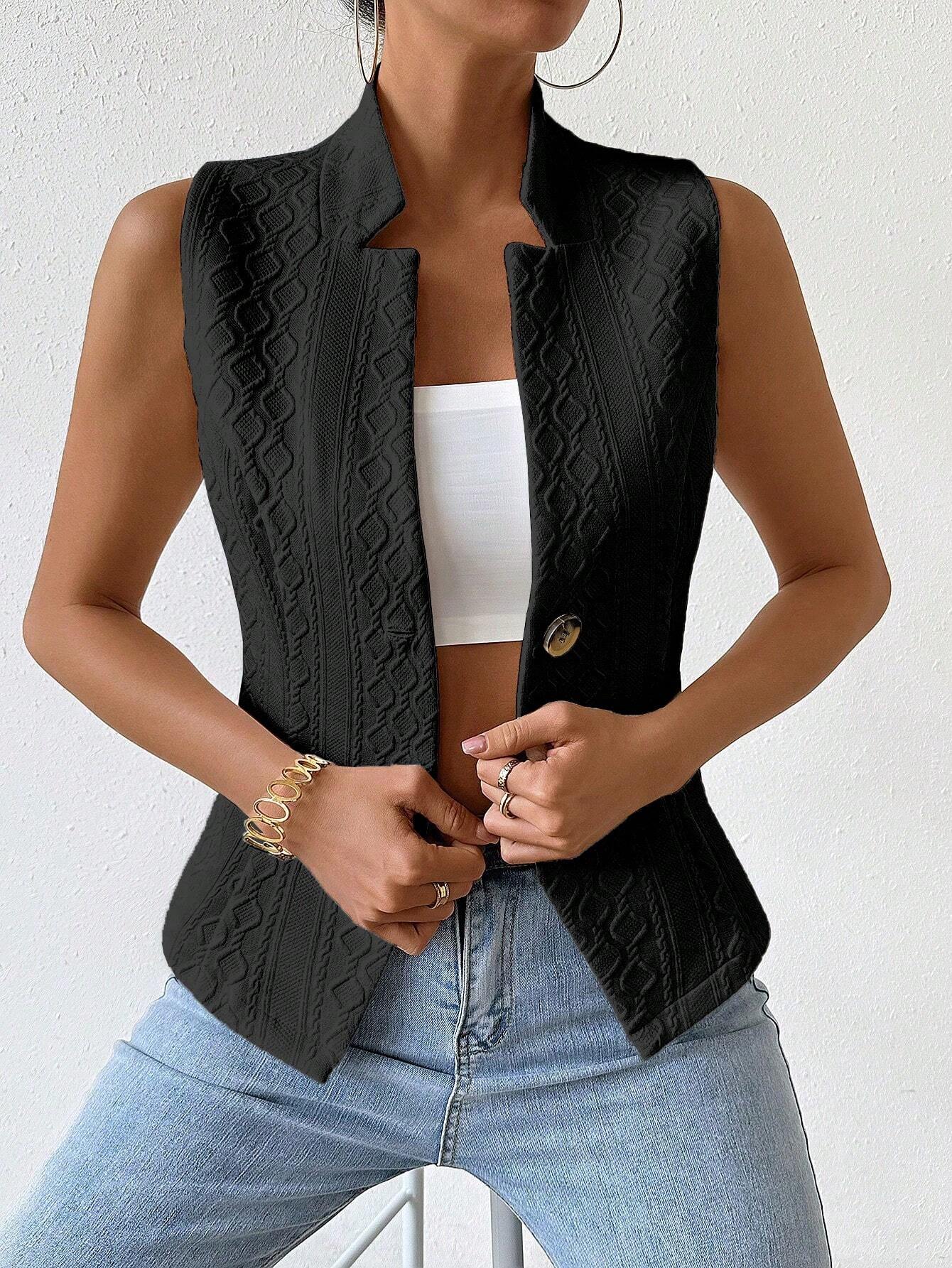 Textured Stand Collar Waistcoat Top