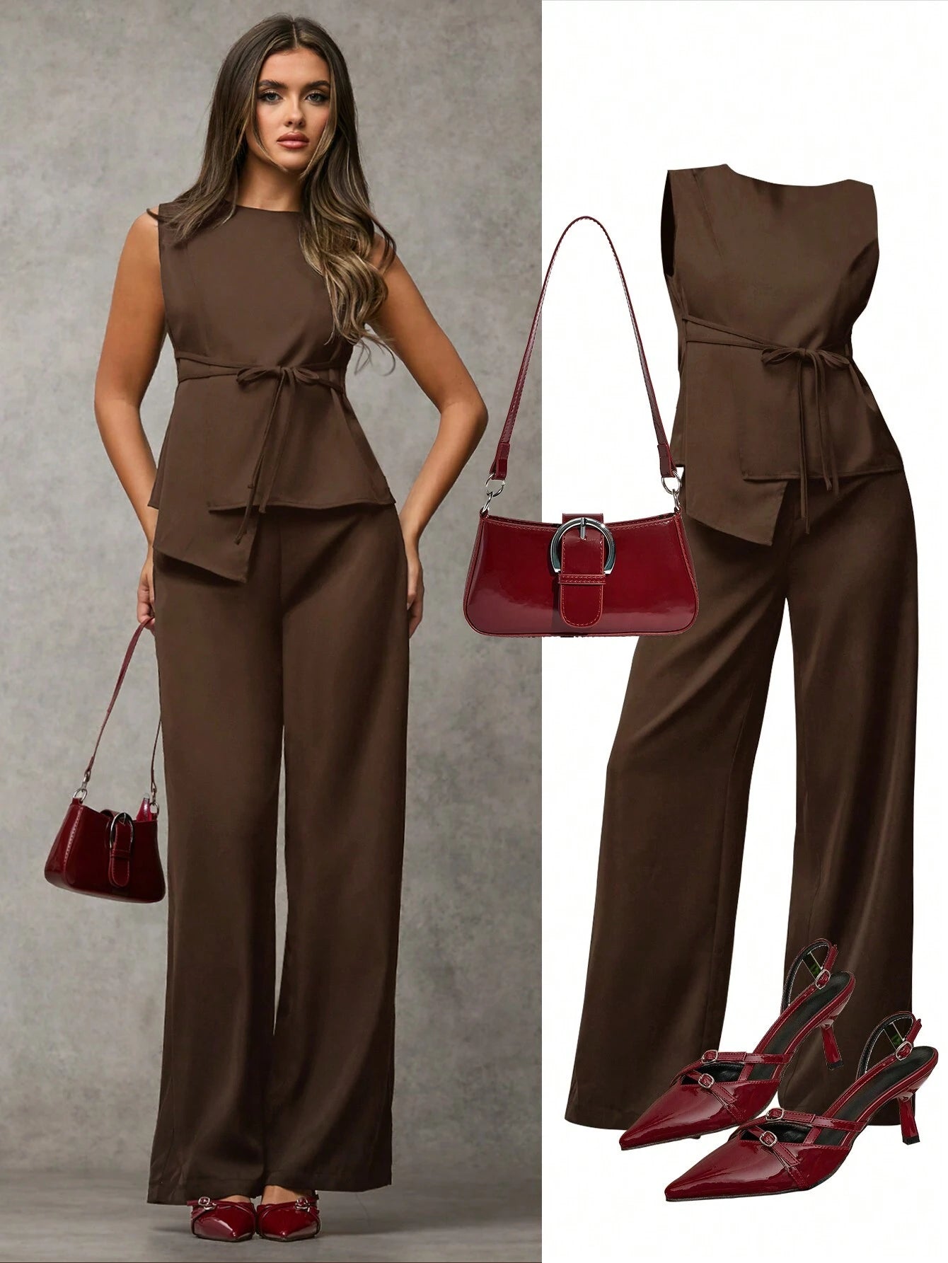 Tie Waist Sleeveless Wide Leg Pant Set