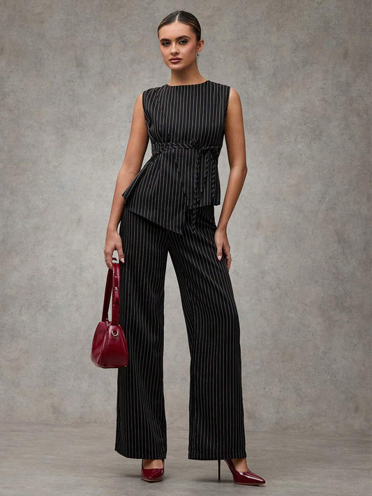 Tie Waist Sleeveless Wide Leg Pant Set
