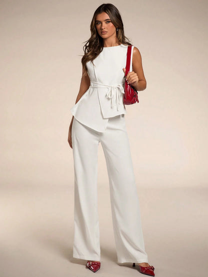 Tie Waist Sleeveless Wide Leg Pant Set