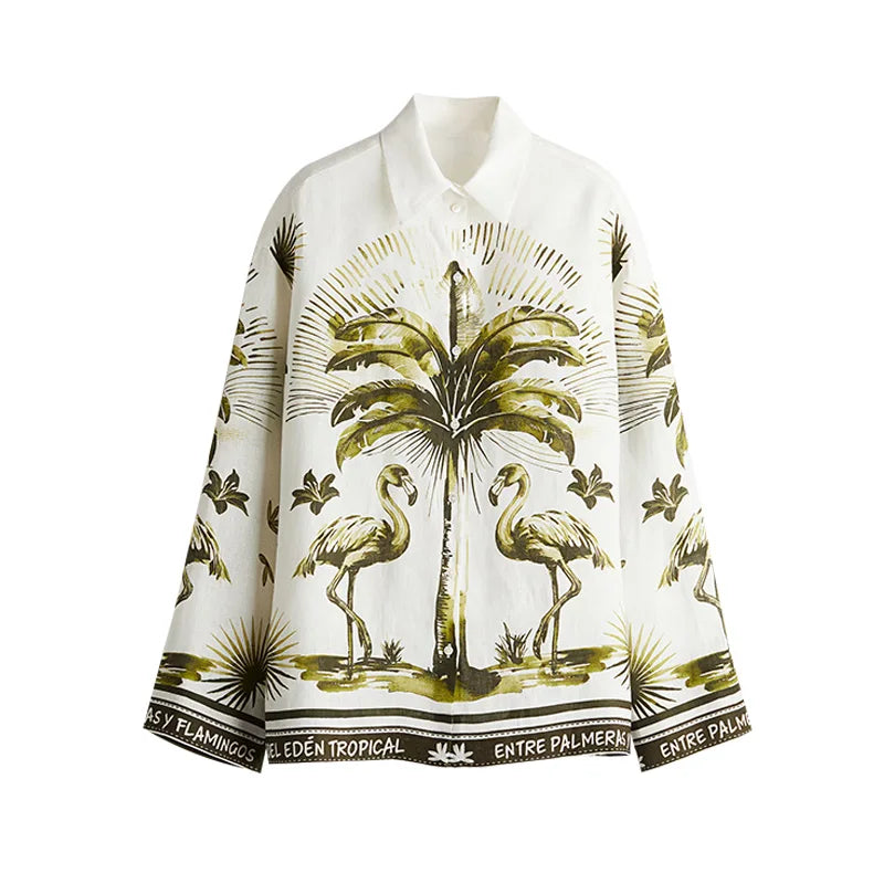 Tropical Print Linen Shirt Set