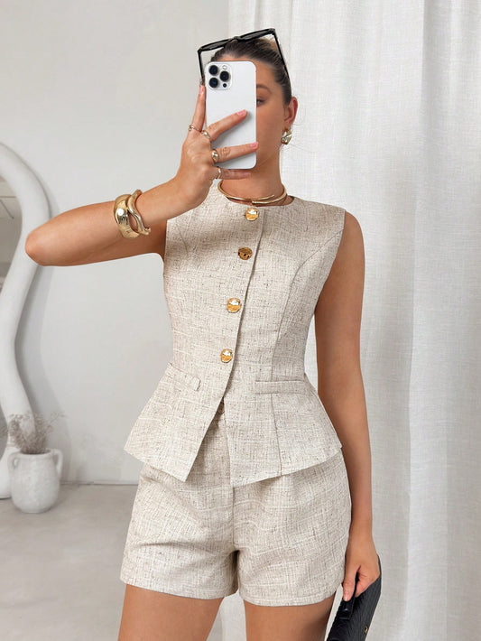  Tweed Peplum Waistcoat Shorts Set