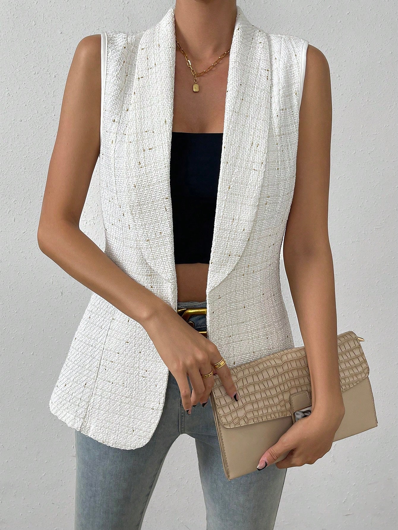Tweed Shawl Collar Sleeveless Blazer