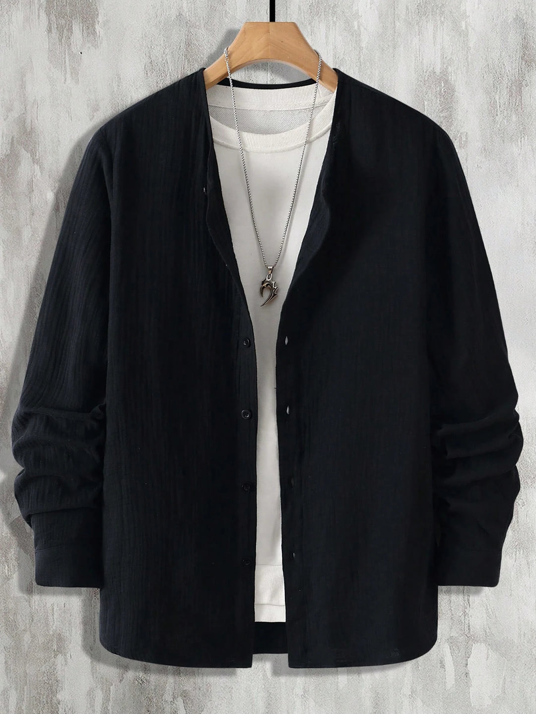 Collarless Textured Linen Shirt