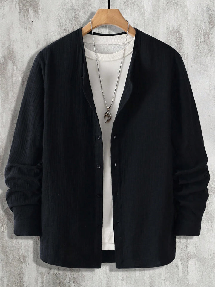 Collarless Textured Linen Shirt