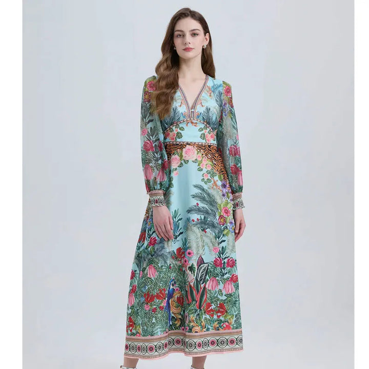 V Neck Floral Print Maxi Dress