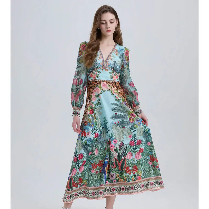 V Neck Floral Print Maxi Dress