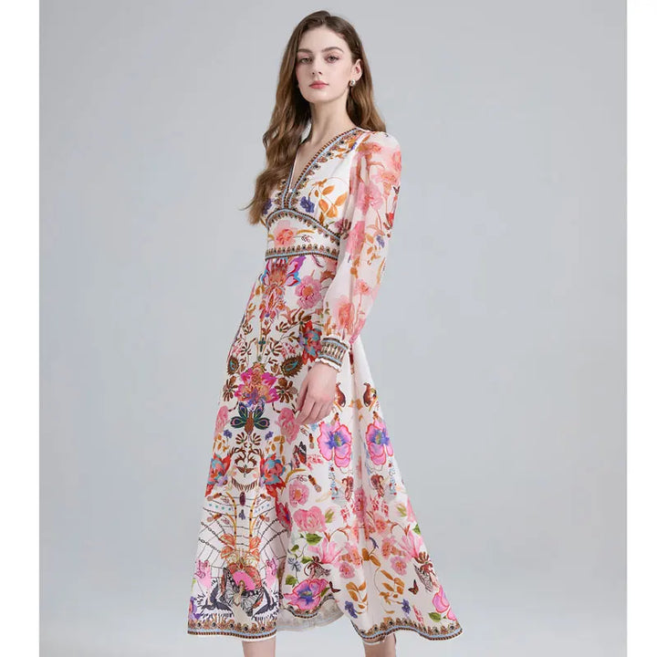 V Neck Floral Print Maxi Dress