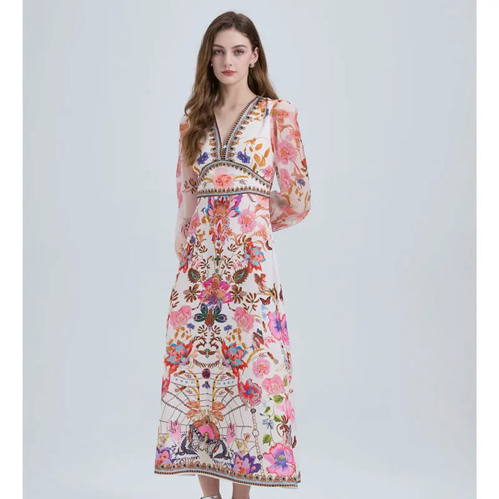 V Neck Floral Print Maxi Dress