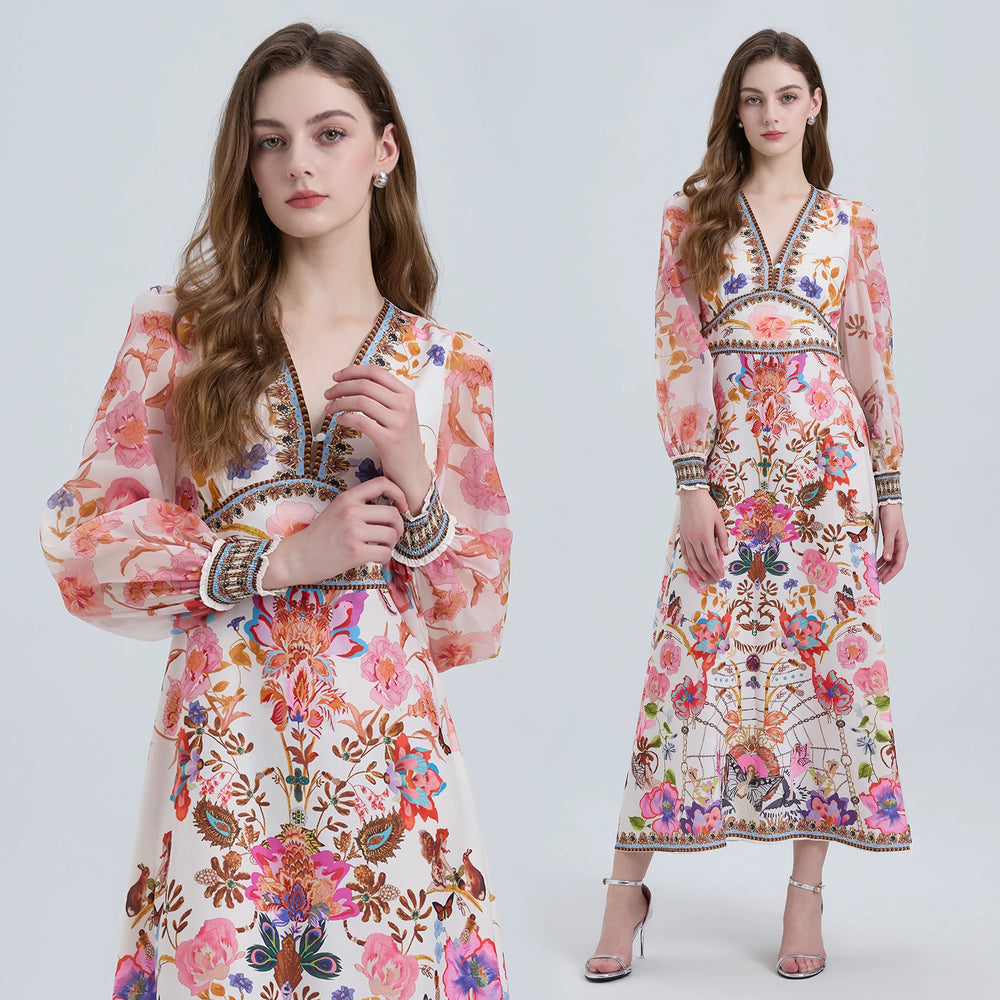 V Neck Floral Print Maxi Dress